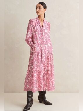 ME+EM Silk Cotton Flower Maxi Swing Dress Pink Tiered New With Tags Size 2